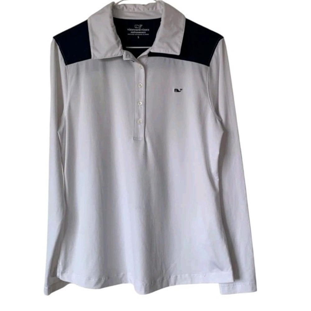 Women's Vineyard Vines Shep Shirt Long Sleeve Polo White & Blue SZ S Whale Logo